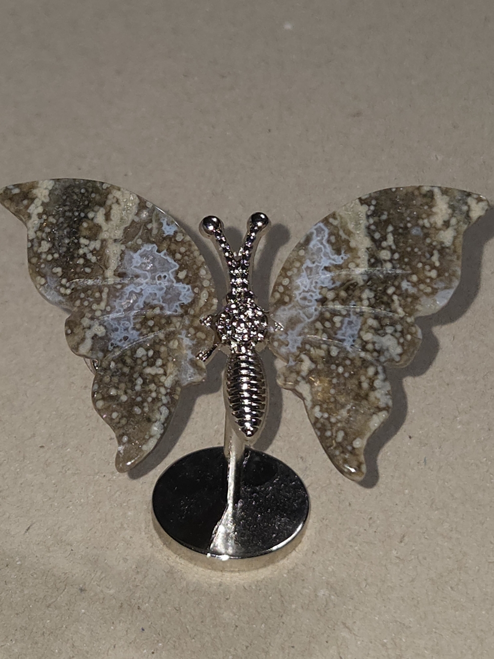 8th Vein Ocean Jasper Crystal Butterfly Wings On Metal Body Stand Decor